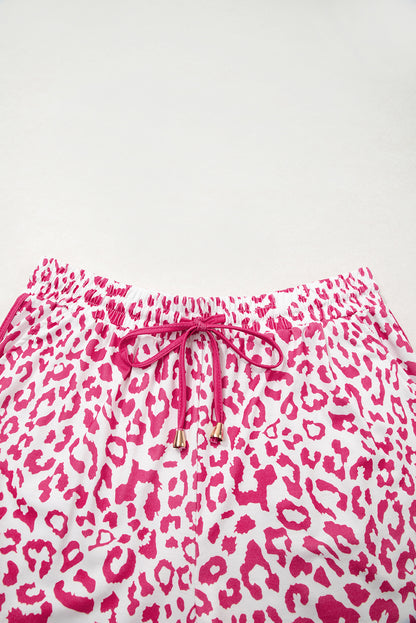 White Leopard Elastic Waist Lace up Contrast Trim Casual Shorts