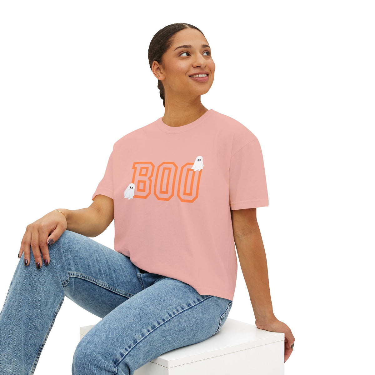 Halloween Ghost Women's Boxy Tee, Cute Halloween Shirt, Boo Tee, Spooky Casual Top, Fall Fashion Tee