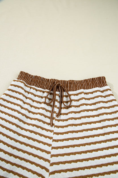 White Stripe Textured Collared Pullover Top and Drawstring Pants Set