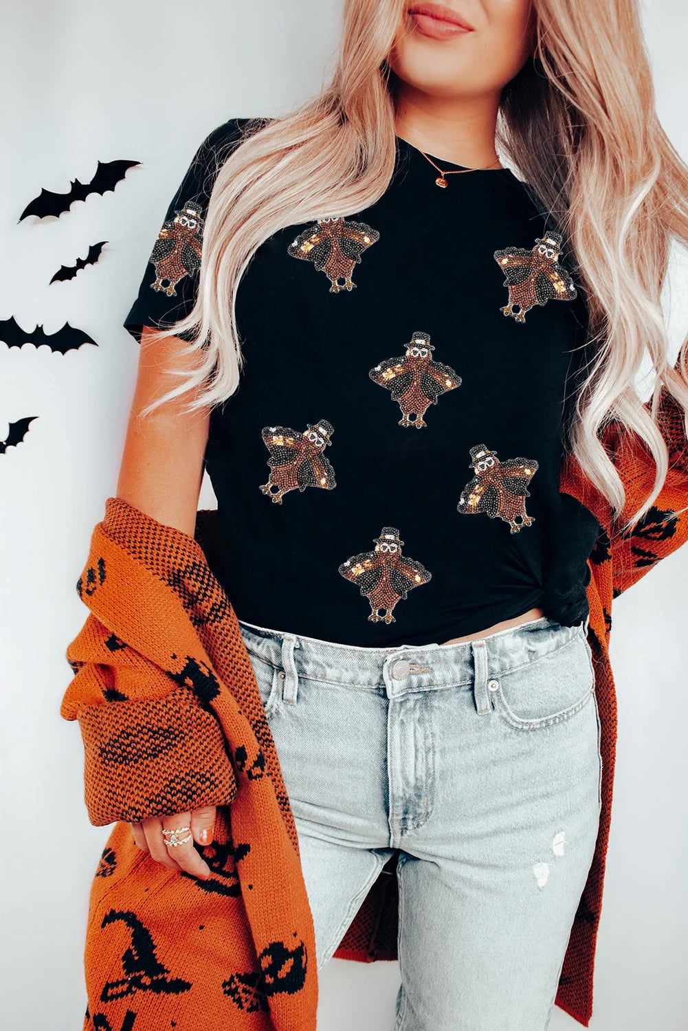 Khaki Turkey Sequin Patch Application Round Neck Graphic Tee