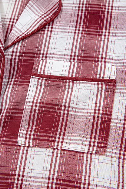 Red Retro Plaid Long Sleeve Shirt Drawstring Shorts 2pcs Lounge Set