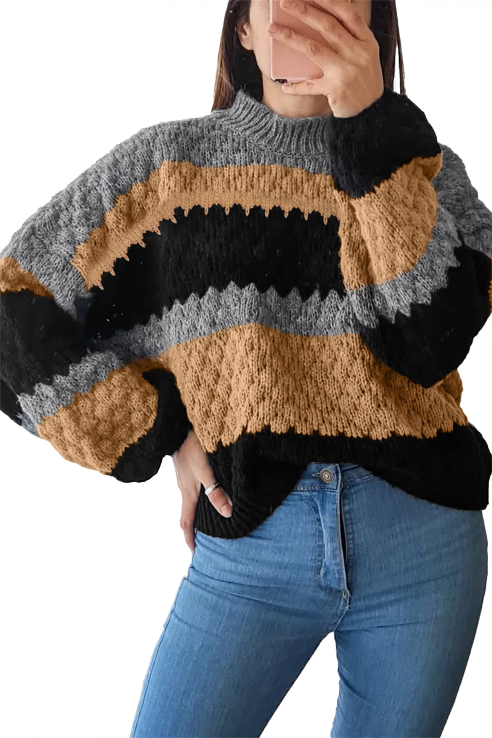 Khaki Colorblock High Neck Baggy Sweater