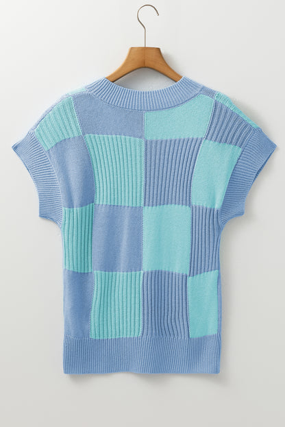 Khaki Checkered Color Block Crew Neck Short Sleeve Sweater