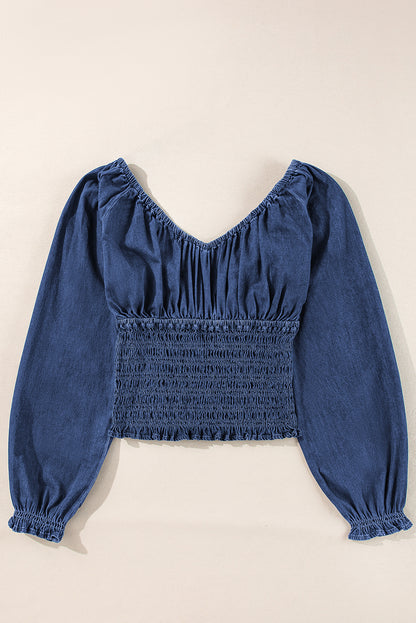Dark Blue Smocked Ruffle Puff Sleeve V Neck Denim Top