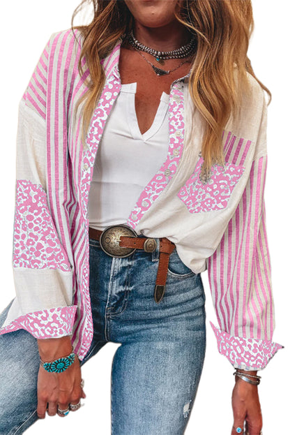 Khaki Leopard Striped Patchwork Button-up Shirt Shacket