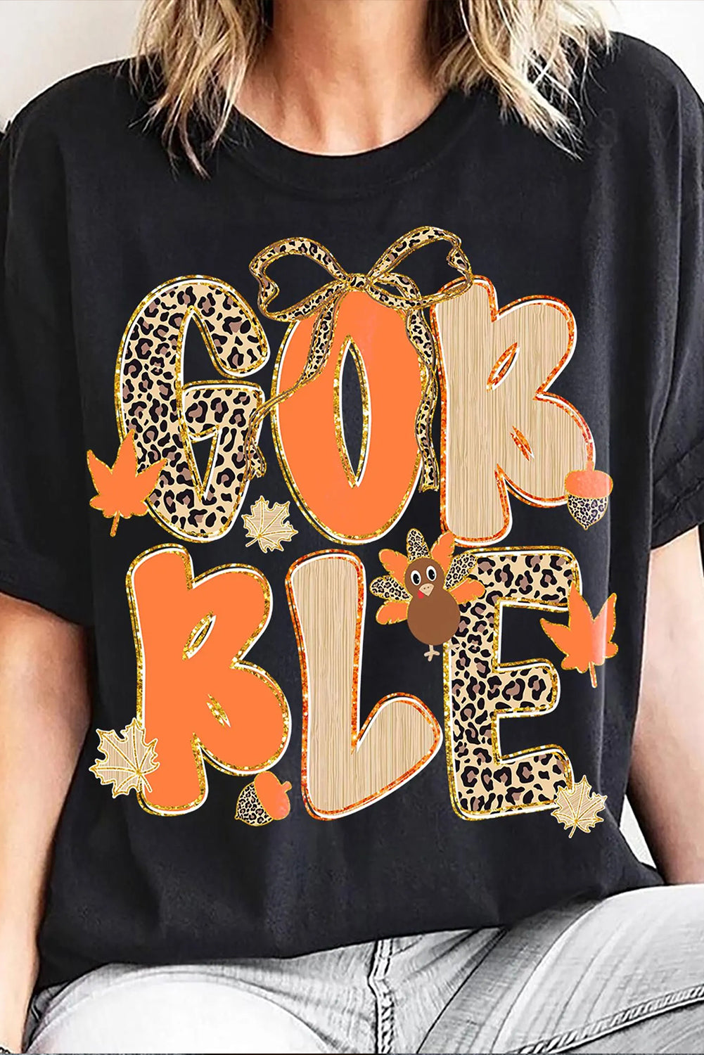 Black GOBBLE Leopard Letter Turkey Bow Graphic Heat Transfer Printing T Shirt