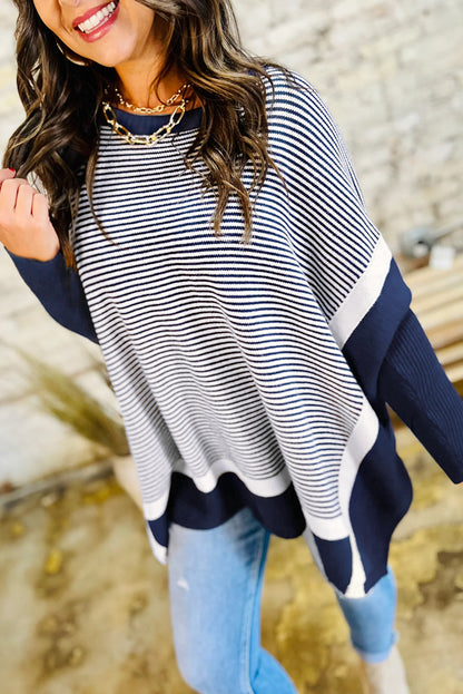 Red Stripe Colorblock Patchwork Dolman Oversize Tunic Sweater