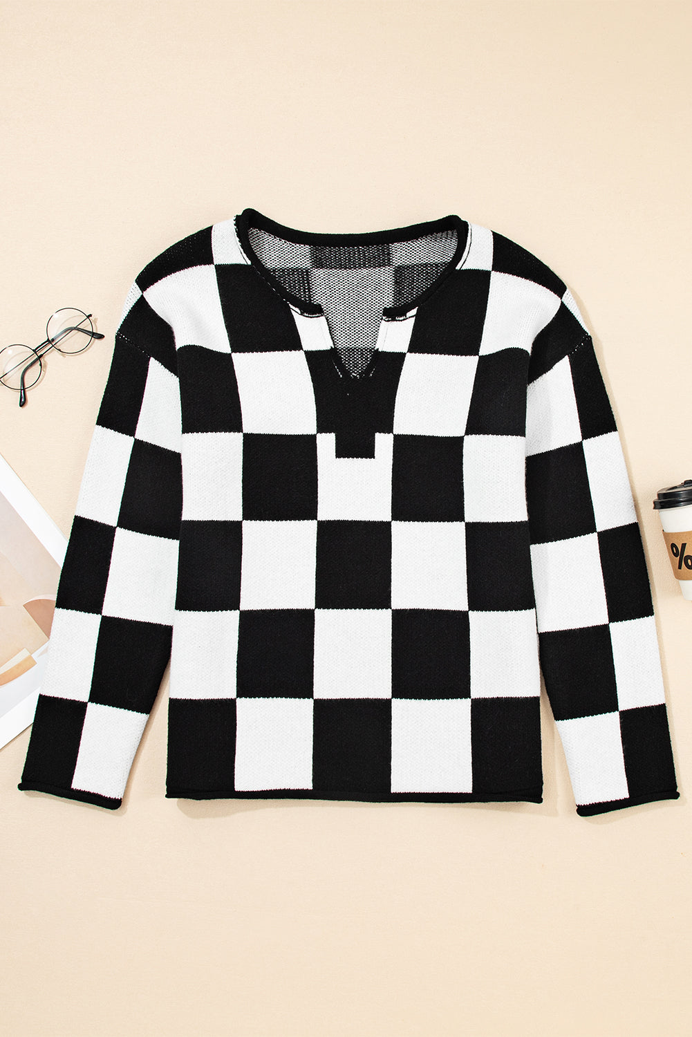 Green Checked Notched Neckline Drop Shoulder Knit Sweater