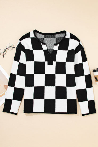 Green Checked Notched Neckline Drop Shoulder Knit Sweater