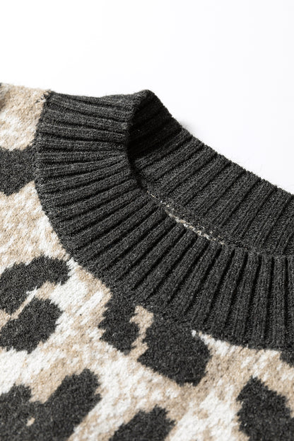 Carbon Grey Leopard Pattern Contrast Trim Round Neck Sweater