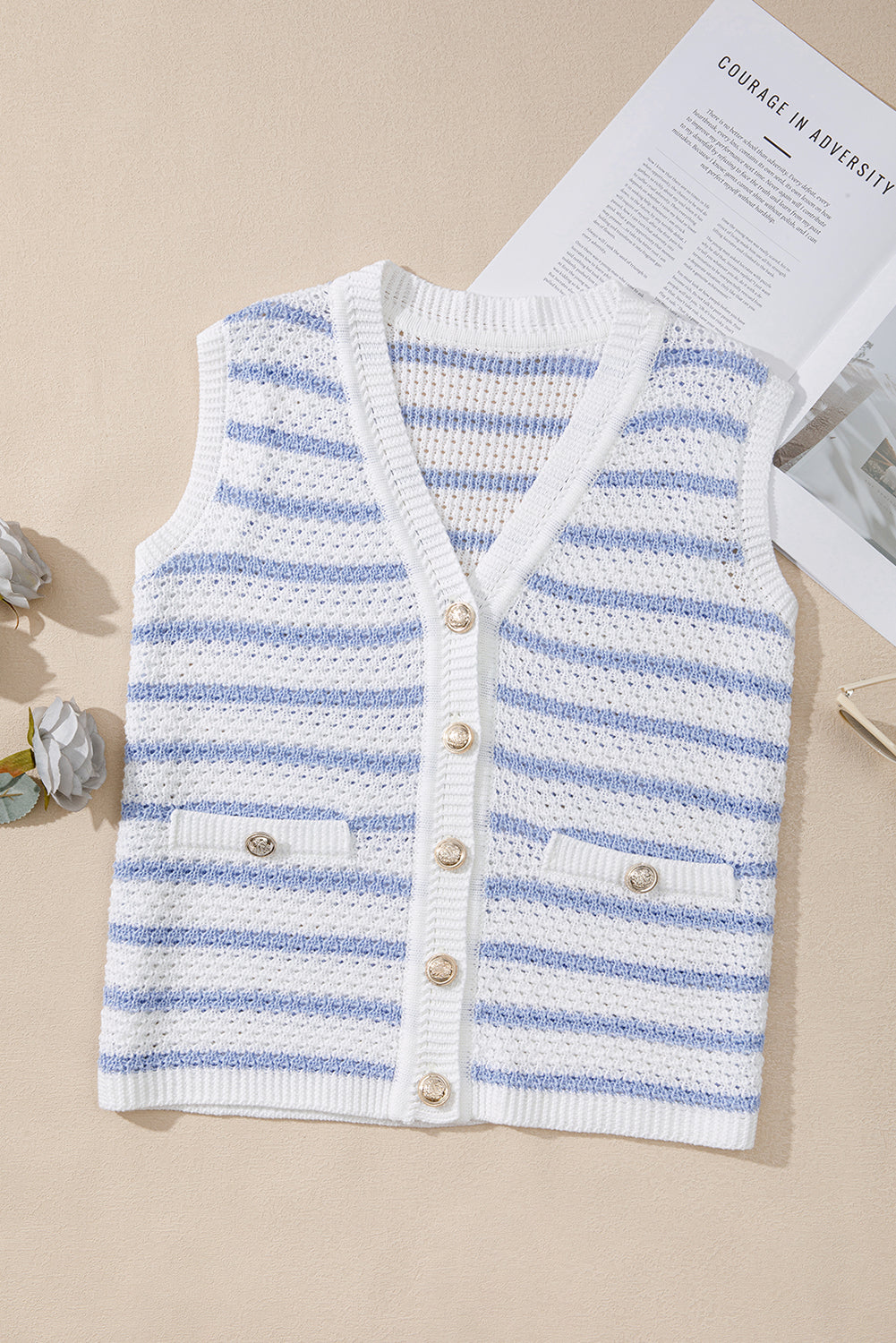 Black Striped V Neck Button Knit Vest
