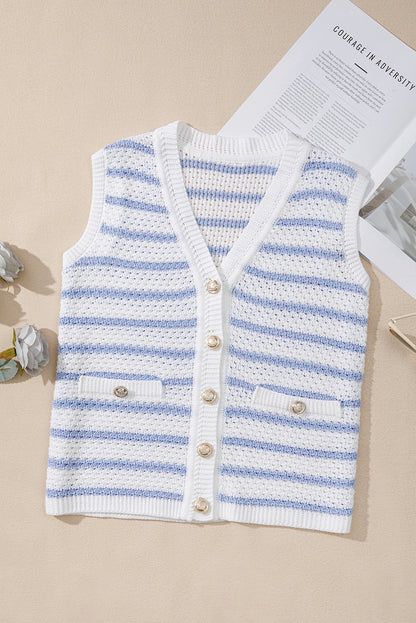 Black Striped V Neck Button Knit Vest