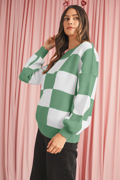 Dark Brown Plaid Bishop Sleeve Pullover Sweater
