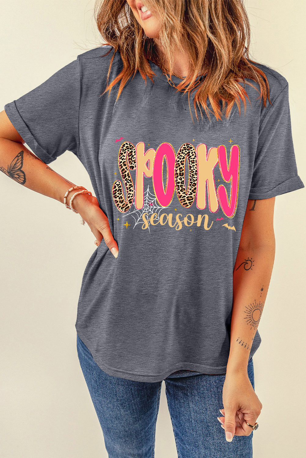 Gray Spooky Season Playful Halloween Heat Transfer Printing Graphic T Shirt