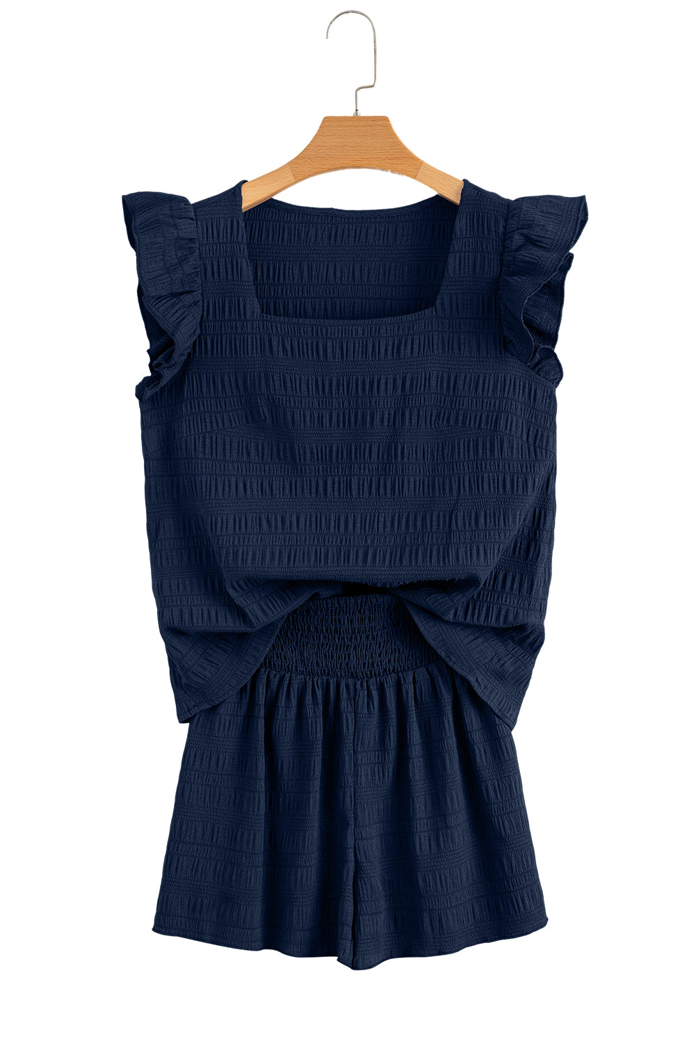 Dirty Blue Textured Ruffle Top and Shirred High Waist Shorts Set