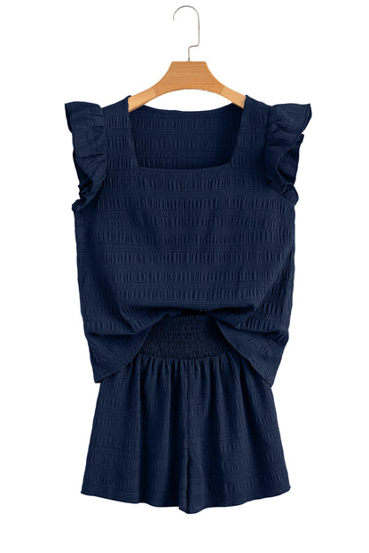 Dirty Blue Textured Ruffle Top and Shirred High Waist Shorts Set