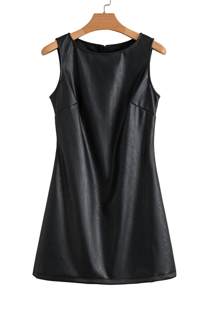 Black Faux Leather Sleeveless Round Neck Mini Dress