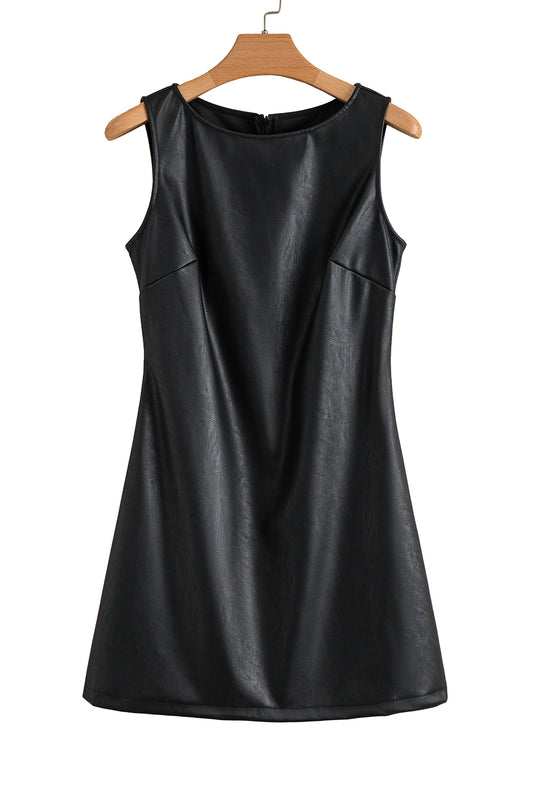 Black Faux Leather Sleeveless Round Neck Mini Dress