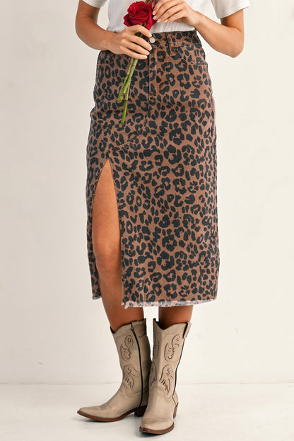 Brown Leopard Frayed Split Denim Midi Skirt