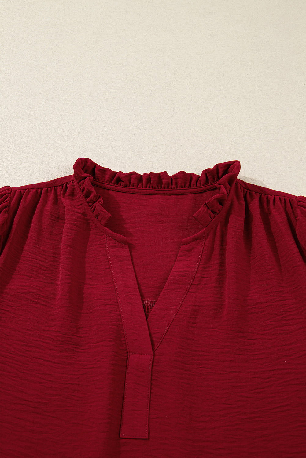 Burgundy Notched Neck Shirred Cuffs Long Sleeve Blouse