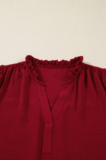 Burgundy Notched Neck Shirred Cuffs Long Sleeve Blouse