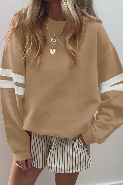 Coffee Preppy Striped Sleeve Loose Sweatshirt