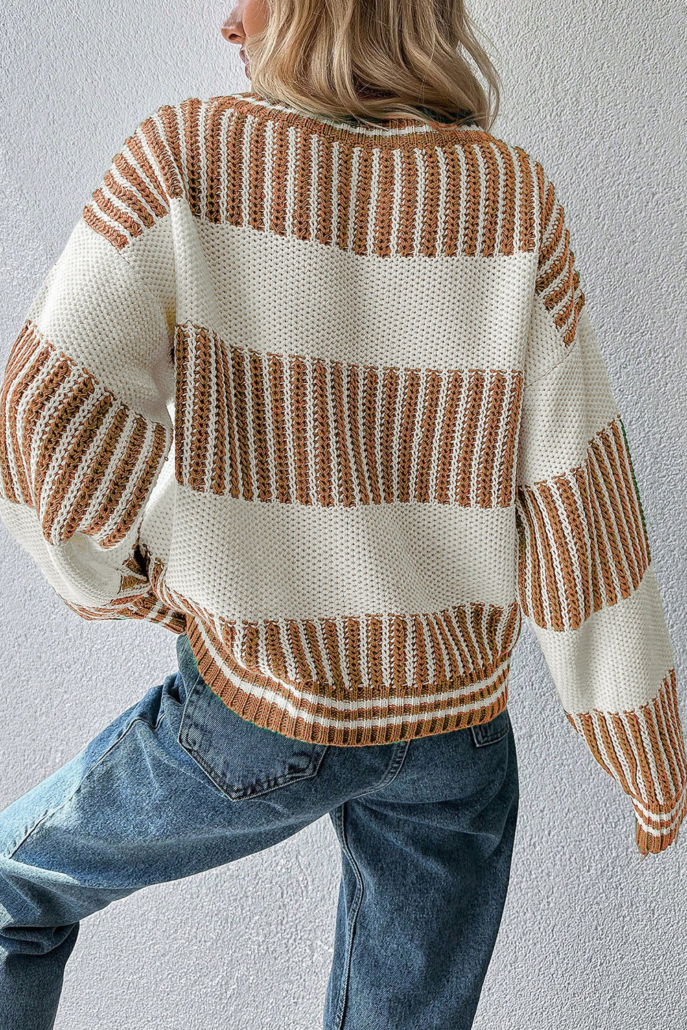 Brown Two Tone Striped Patchwork Drop Shoulder Sweater