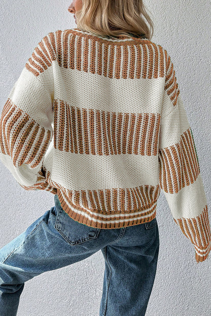 Brown Two Tone Striped Patchwork Drop Shoulder Sweater