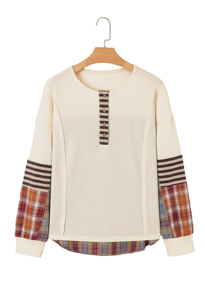 Straw Yellow Waffle Stripe Plaid Patchwork Henley Top