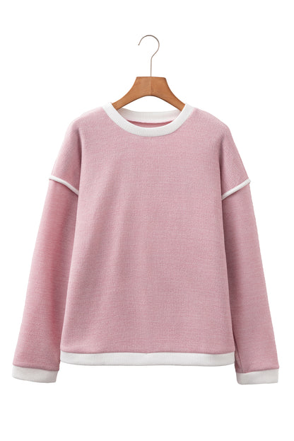 Four Leaf Clover Contrast Color Trim Knit Drop Shoulder Loose Top