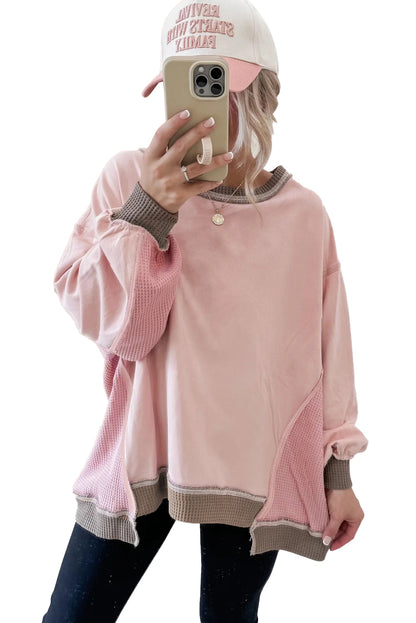 Smoke Green Colorblock Waffle Patchwork Oversize Sweatshirt