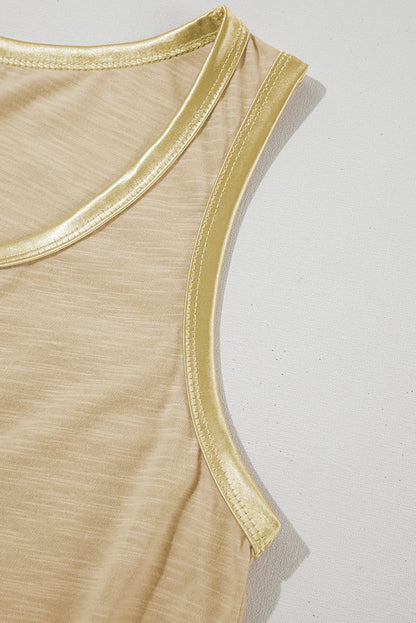 Tan Contrast Trim Round Neck Tank Top