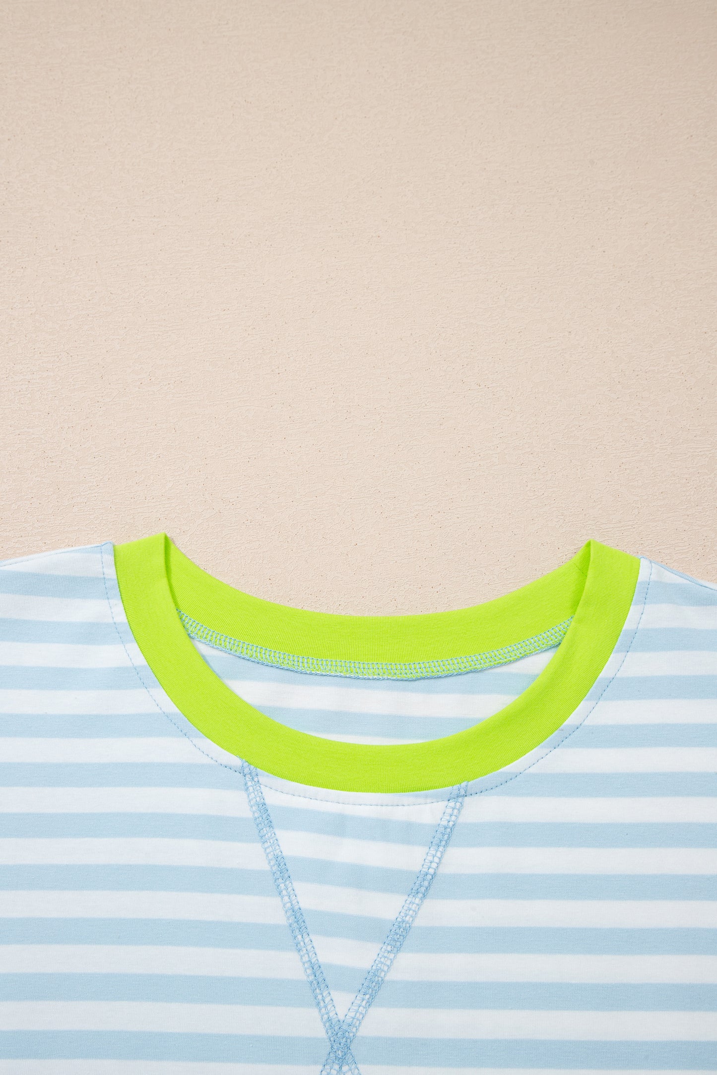 Sky Blue Stripe Contrast Neck Loose Tee and Drawstring Shorts Set