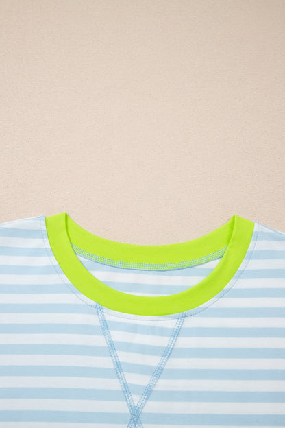 Sky Blue Stripe Contrast Neck Loose Tee and Drawstring Shorts Set