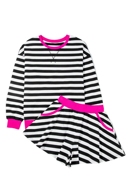 Gray Stripe Contrast Trim Long Sleeve Top and Shorts Set