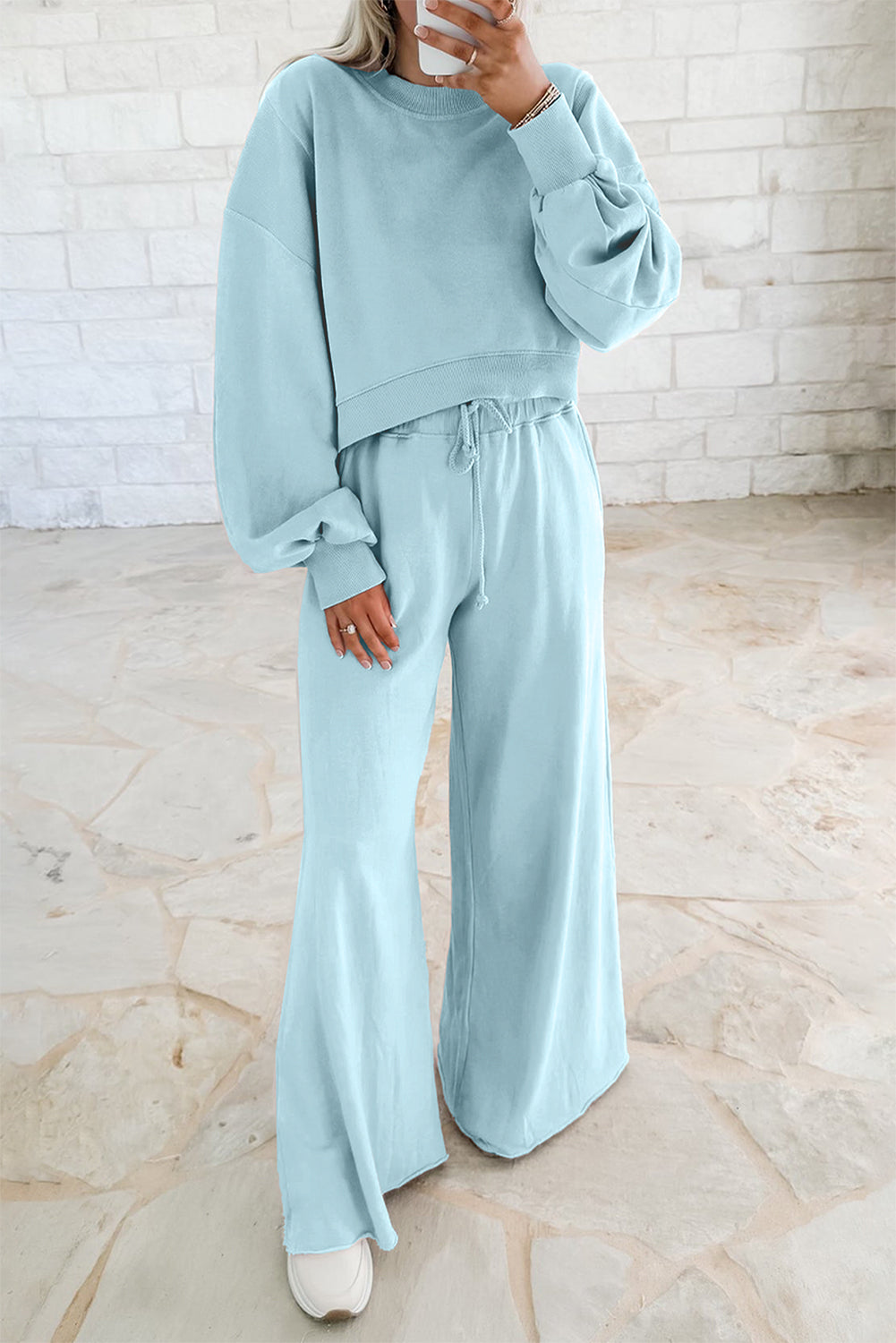 Yellow Cream Drop Shoulder Crop Pullover Drawstring Wide Leg Pants Set