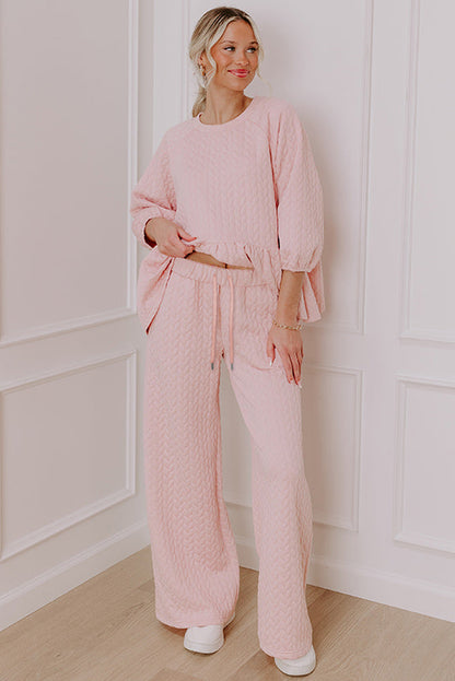 Delicacy Braided Texture Ruffle Hem Top Drawstring Loose Pants Set