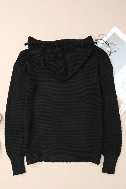 Black Split V Neck Pullover Knit Hooded Sweater