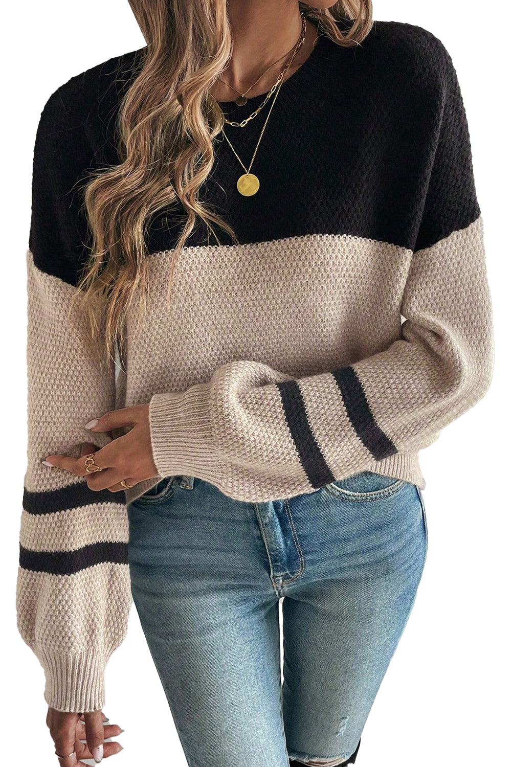 Dark Brown Colorblock Striped Sleeve Detail Knit Sweater