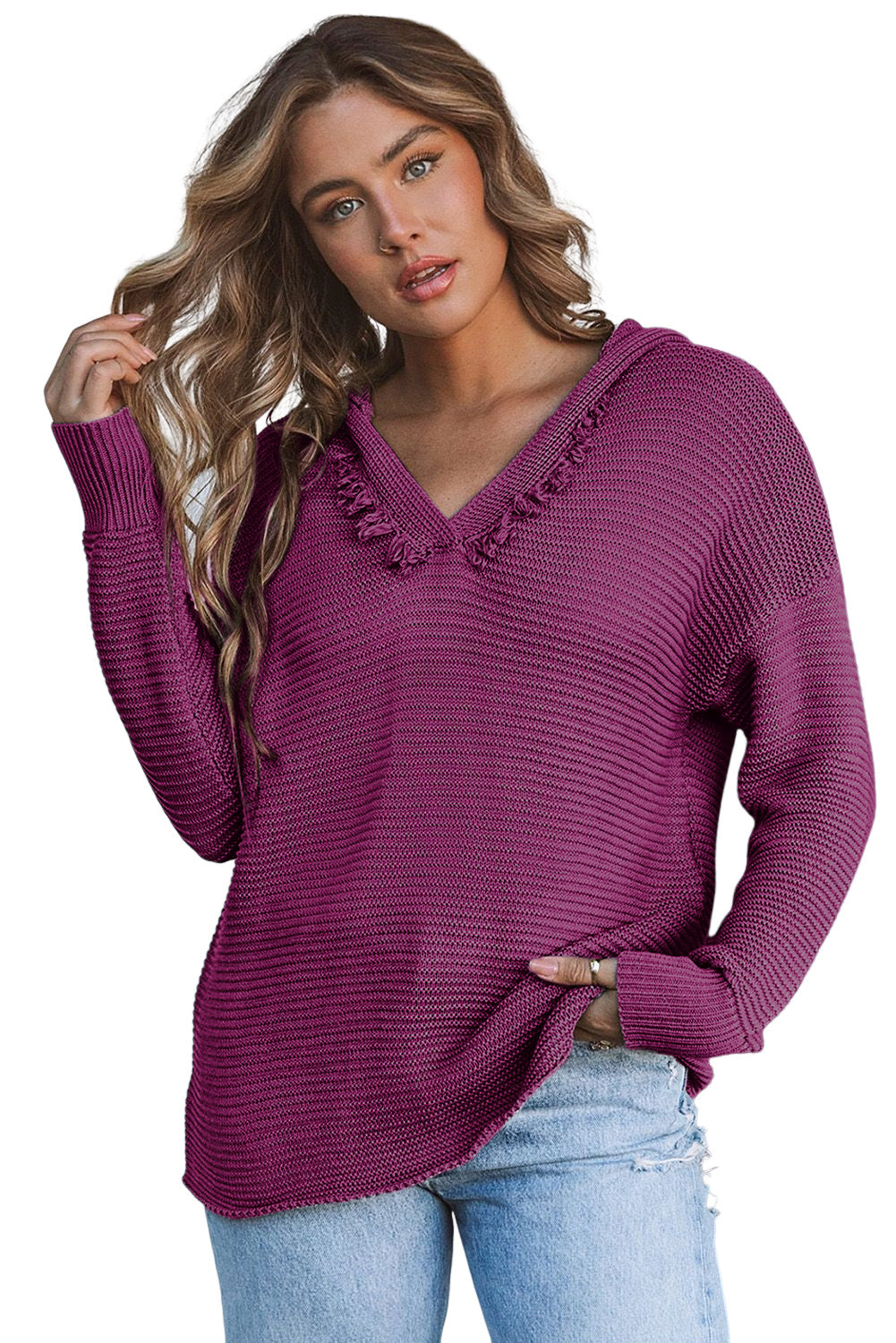 Black Split V Neck Pullover Knit Hooded Sweater