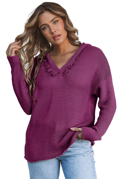 Black Split V Neck Pullover Knit Hooded Sweater