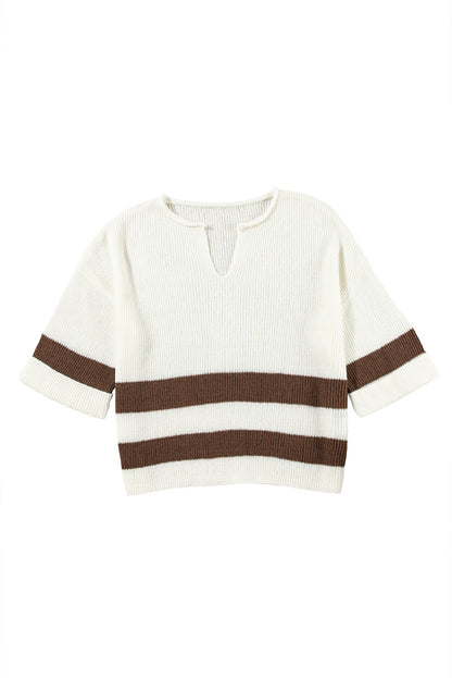 Brown Stripe Cropped Drop Sleeve Sweater