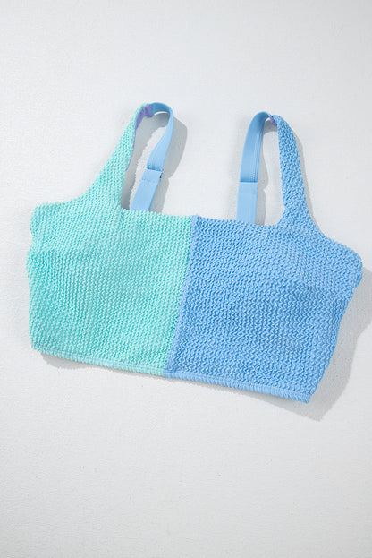 Sky Blue Corded Colorblock Square Neck Bikini Swimsuit