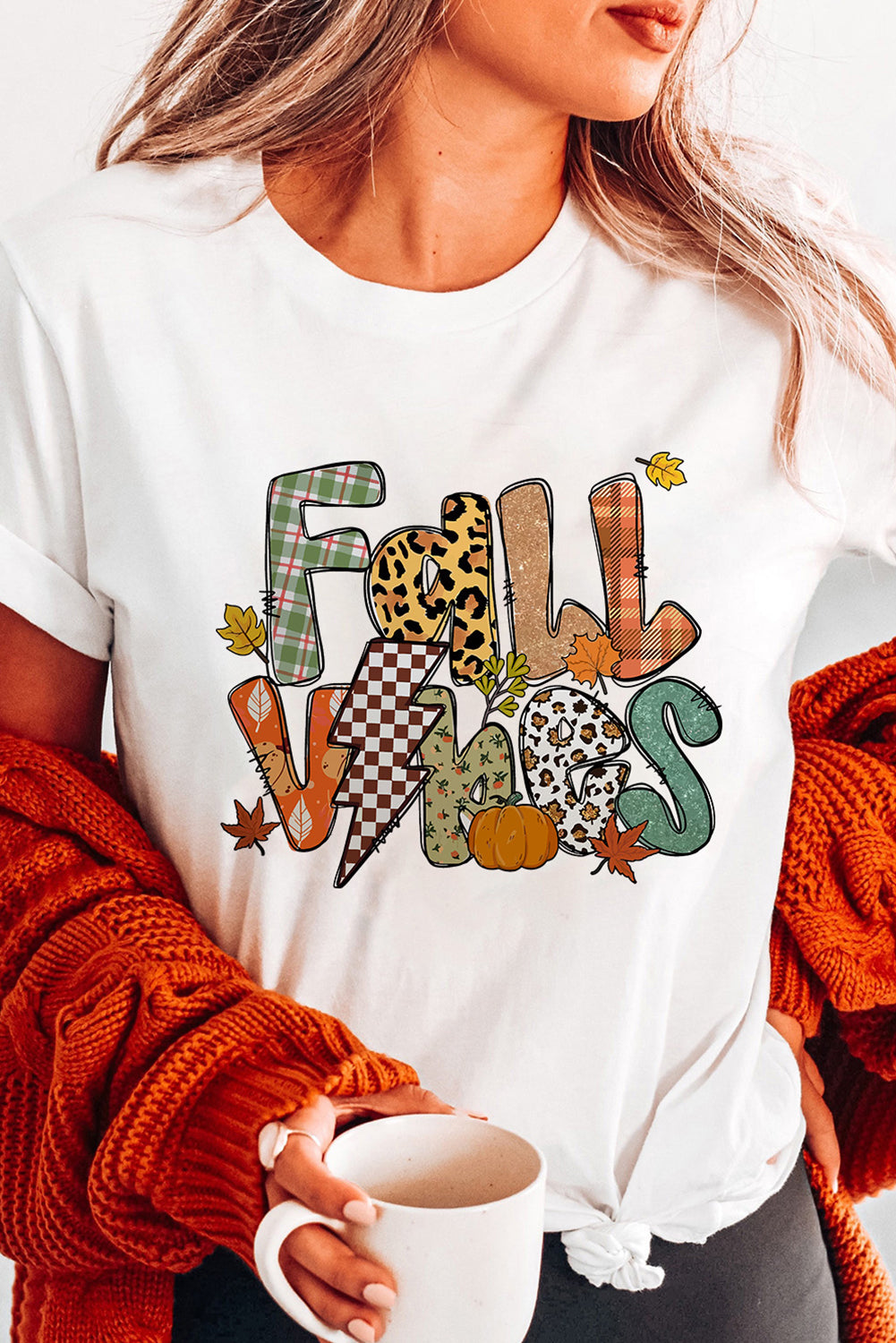 White FALL VIBES Cotton Blend Heat Transfer Printing Casual T Shirt