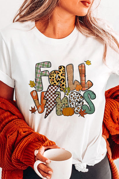 White FALL VIBES Cotton Blend Heat Transfer Printing Casual T Shirt