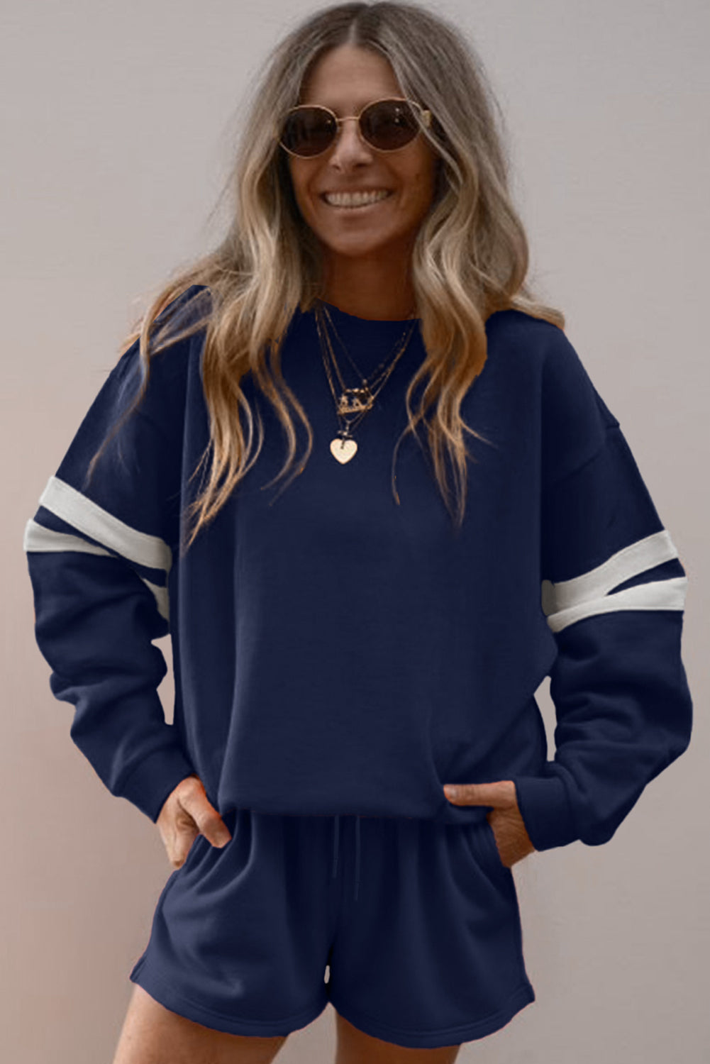 Orange Varsity Striped Sleeve Drop Shoulder Sweatshirt and Shorts Set