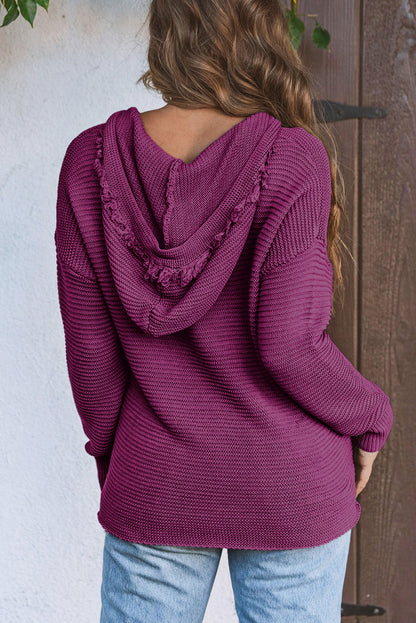 Black Split V Neck Pullover Knit Hooded Sweater