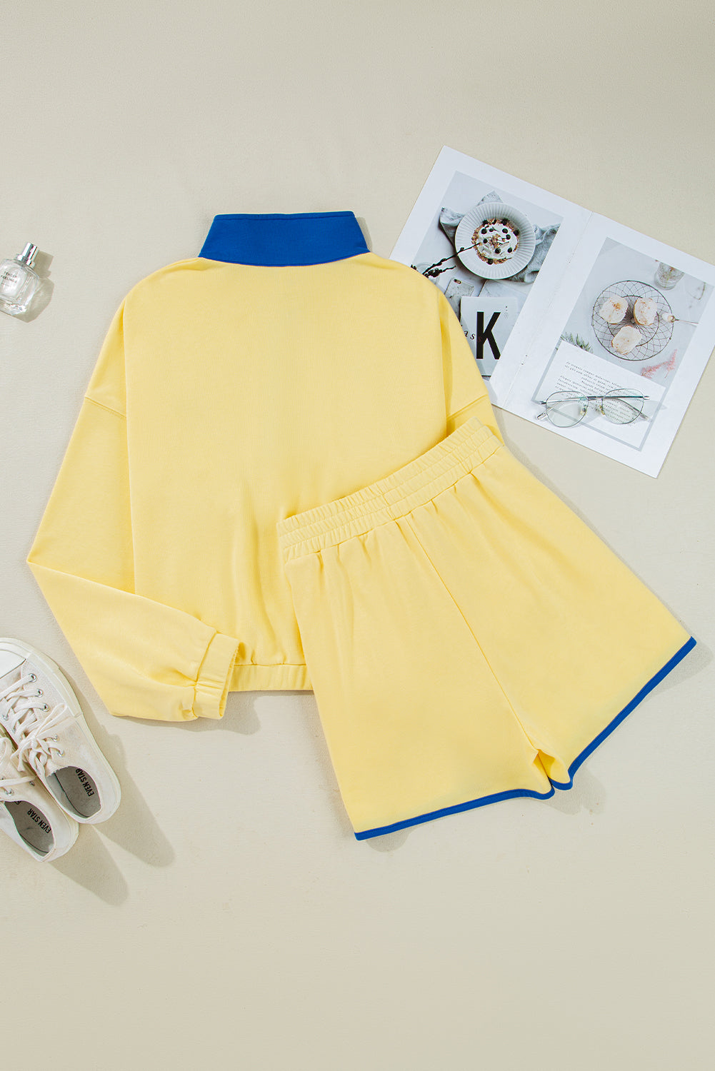 Black Colorblock Patchwork Half Button Pullover and Shorts Outfit