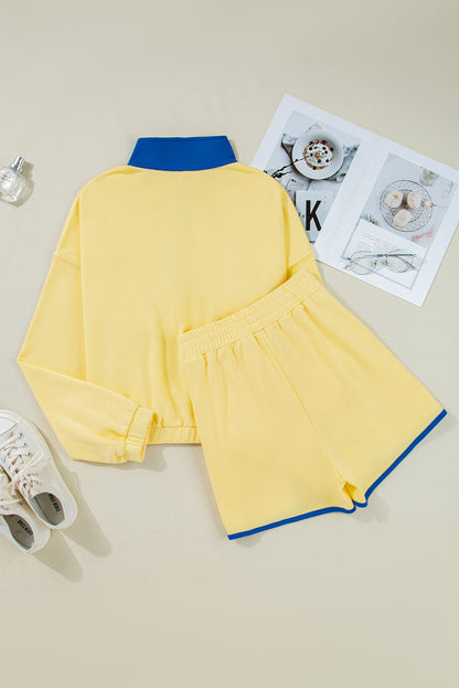 Black Colorblock Patchwork Half Button Pullover and Shorts Outfit