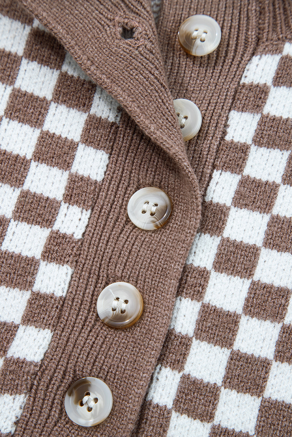 Dark Brown Plaid Contrast Trim Button Neck Sweater